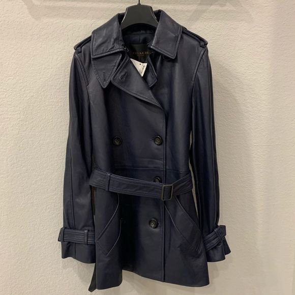 Coach F86122 Womens Lamb Leather Trench Coat Belted Lined Jacket Navy blue XS - Picture 2 of 7